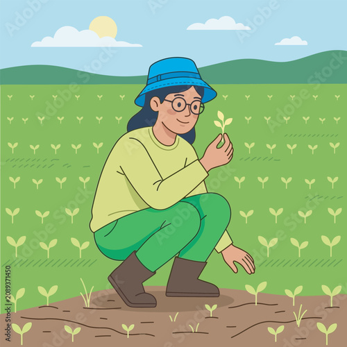 Female Farmer Inspecting Young Crop Seedlings Vector Illustration