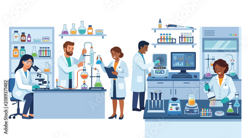 Diverse scientists in a modern laboratory conducting experiments with equipment