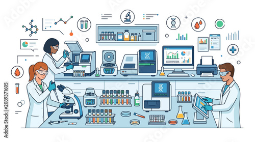 Diverse scientists in lab with advanced equipment, research, biotechnology, healthcare