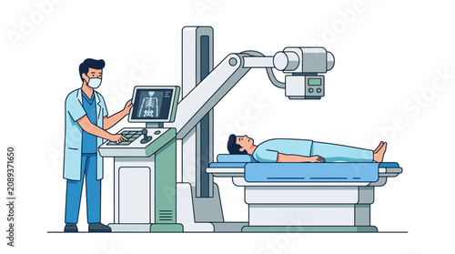 Doctor Operating X-ray Machine on Patient Lying Down, Medical Scan