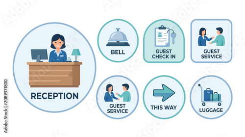 Hotel Reception and Services Icons - Receptionist, Check-in, Guest Service, Luggage