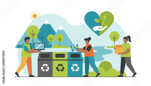 Environmentally conscious citizens recycle waste like electronics, plastic bottles, and paper into designated bins.