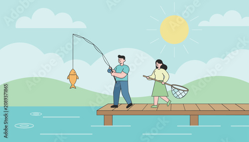 Happy couple enjoys a peaceful fishing trip on a wooden pier, successfully catching a fish on a sunny day.