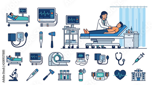 Medical Equipment and Healthcare Icons Set: Doctor, Patient, ECG, MRI, Hospital