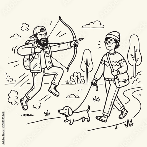Funny Archer Chasing Dog Walker Cartoon Vector Illustration