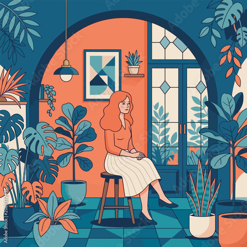 Beautiful Woman Sitting On Stool In Urban Jungle Room Illustration