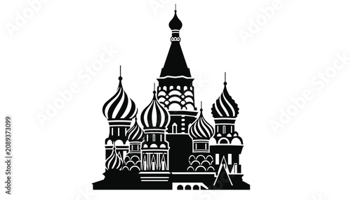 Stencil silhouette of Saint Basils Cathedral in Moscow isolated on white background representing Russian architecture.