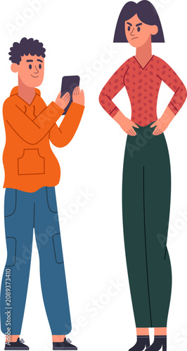 Konstfotografi Young man engrossed with phone while woman expresses frustration and disapproval