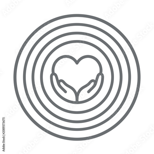 Hands holding heart within concentric circles.