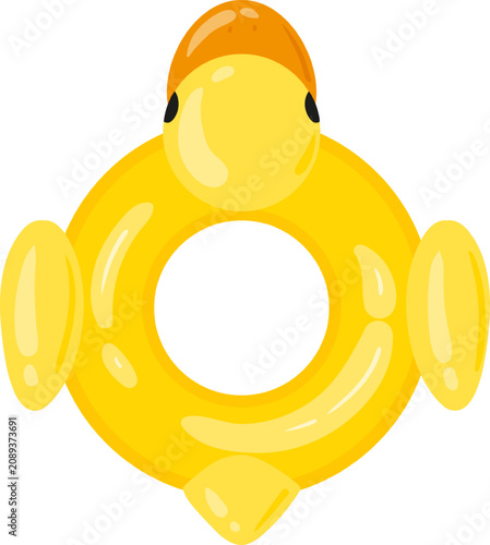 Yellow inflatable swimming ring shaped like a duck on a white background