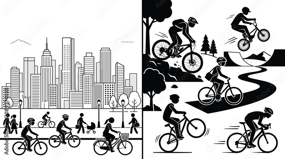 Obraz premium Cycling sports and city bike commuting stick figure vector illustration split design set