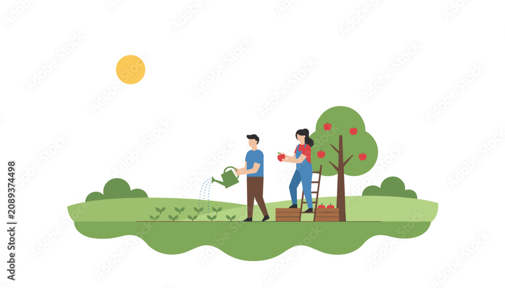 Fototapeta premium Hardworking man and woman tending to their garden, watering fresh sprouts and picking ripe red apples from a tree.
