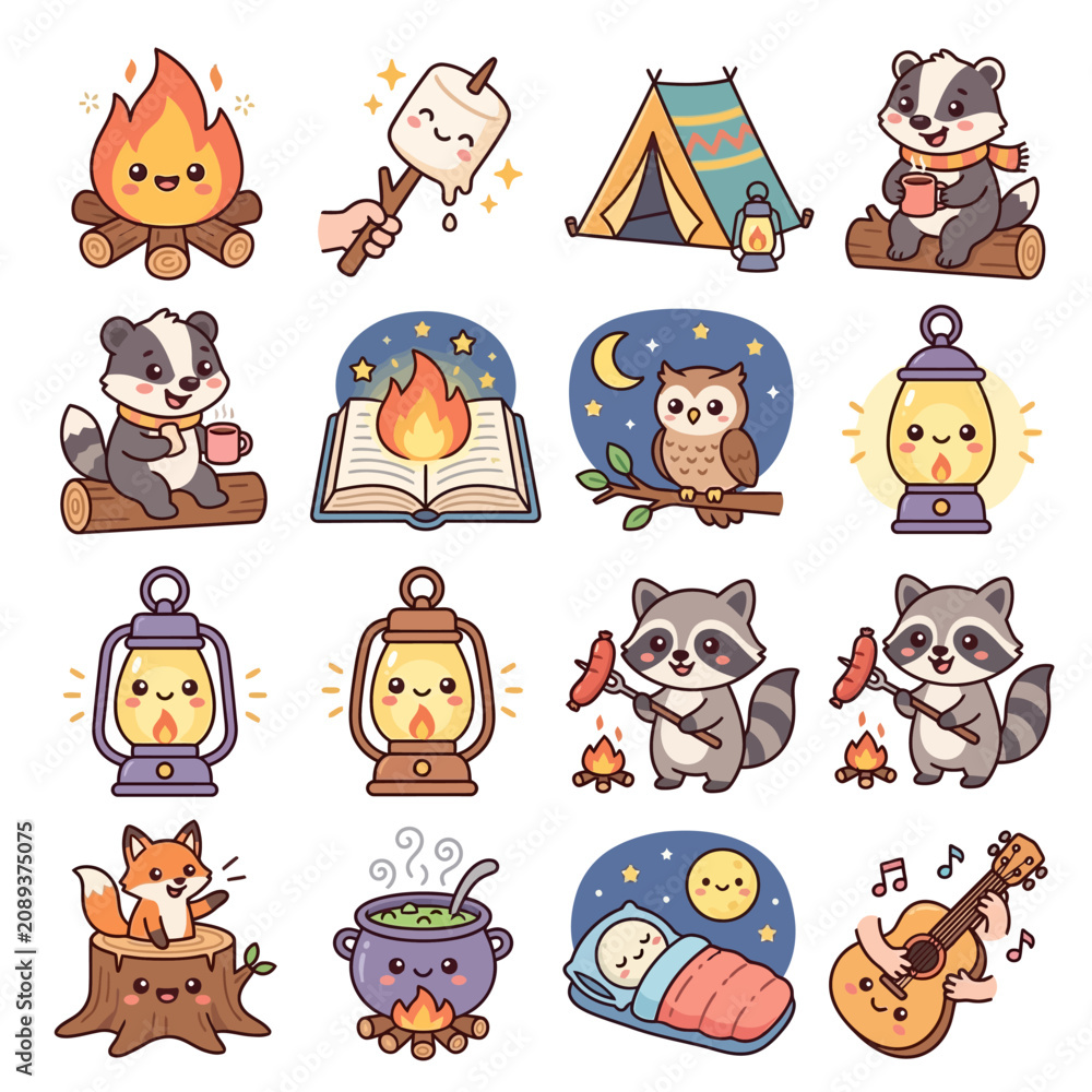 Fototapeta premium Raccoon camping with lanterns.