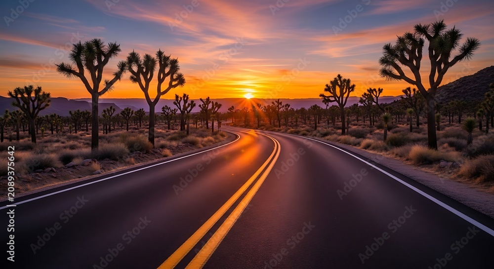 Naklejka premium Desert Road at Sunset with Joshua Trees and Scenic View.
