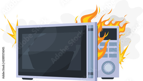 Fotografía Microwave oven malfunctioning, catching fire and emitting sparks