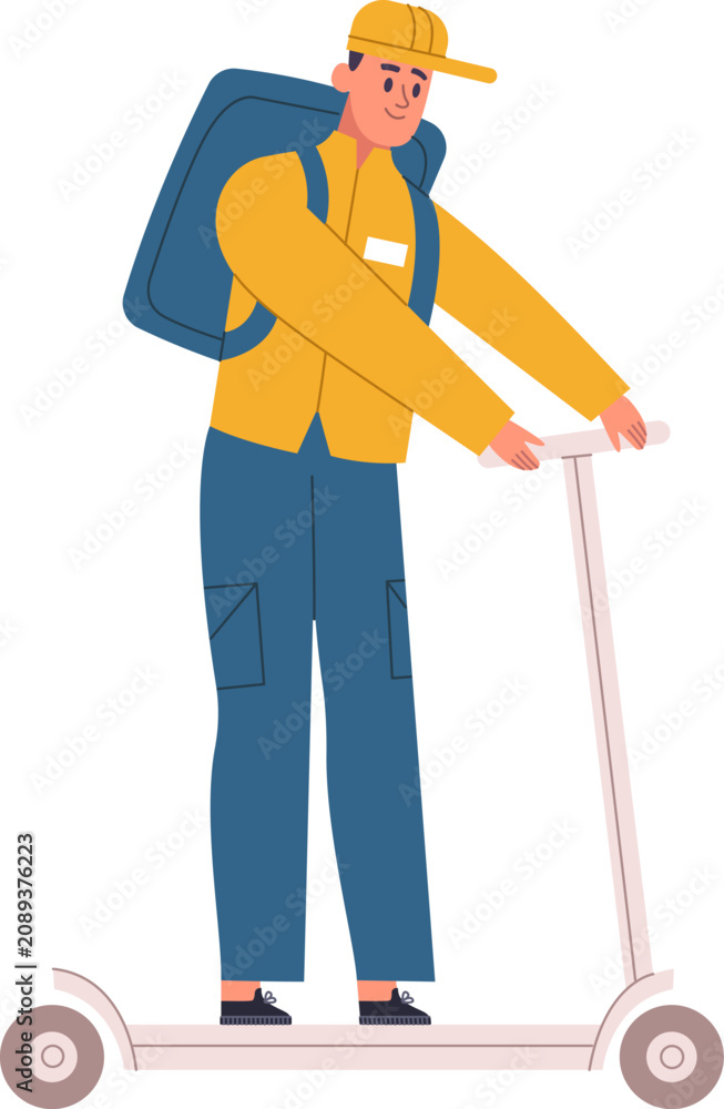 Fototapeta premium Young man riding a kick scooter, delivering orders with a backpack