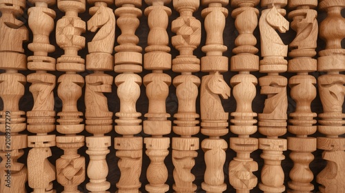 Top View of Handcarved Wooden Chess Pieces Made of Oak Wood Arranged in Rows, Abstract Textured Background of Traditional Board Game Figures
