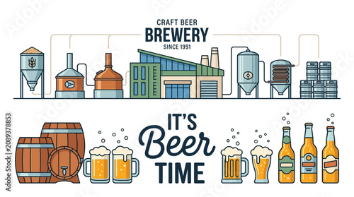 Craft beer brewery process and beer glasses with bottles