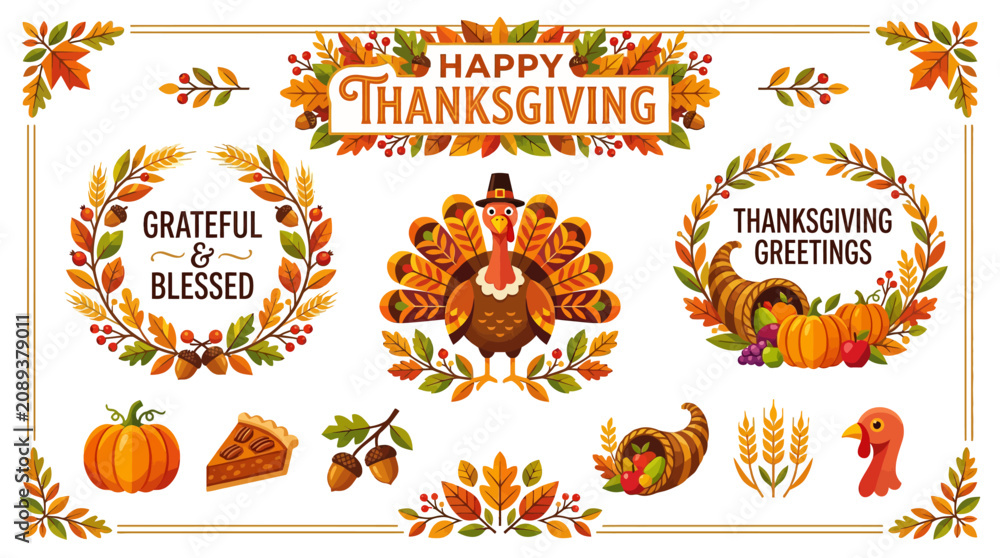 Fototapeta premium Happy Thanksgiving greeting card with turkey, leaves, and fall elements