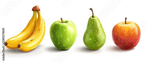 Fresh Fruits Still Life Illustration Featuring Bananas Green Apple Pear and Red Apple on White Background Studio Shot