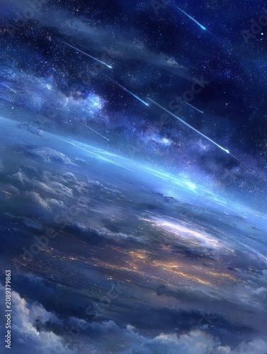 Earth from space with meteor shower cosmic artwork digital illustration space scene city lights