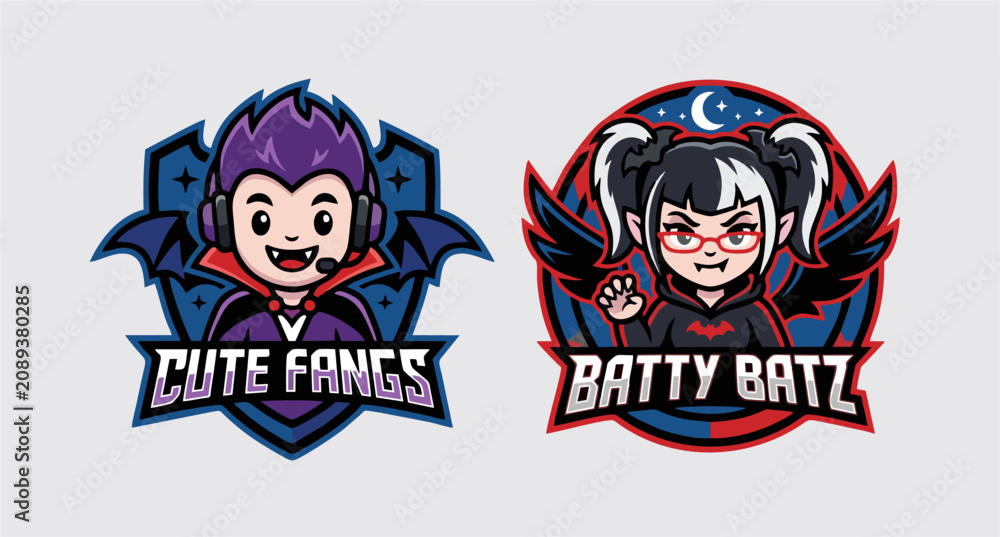 Fototapeta premium Set of Two Cute Vampire and Goth Mascot Logos for Cute Fangs and Batty Batz Esports Teams
