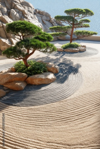 Serene zen garden with raked sand rocks and bonsai trees in a peaceful setting aerial view