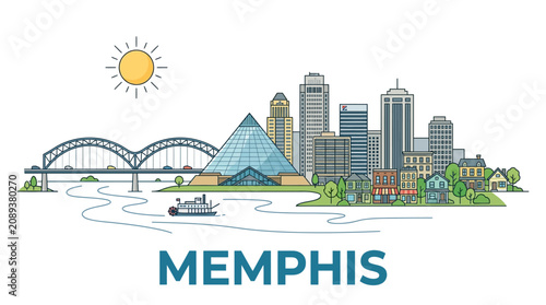 Colorful memphis city skyline illustration with bridge and sun