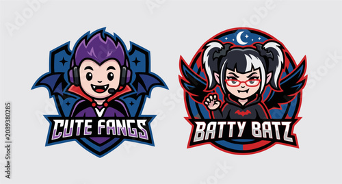 Set of Two Cute Vampire and Goth Mascot Logos for Cute Fangs and Batty Batz Esports Teams