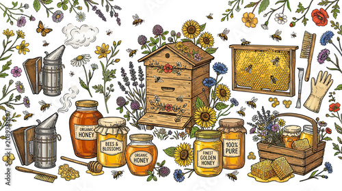 фотографія Beekeeping and Honey Production Scene with Apiary, Honey Jars, and Wildflowers