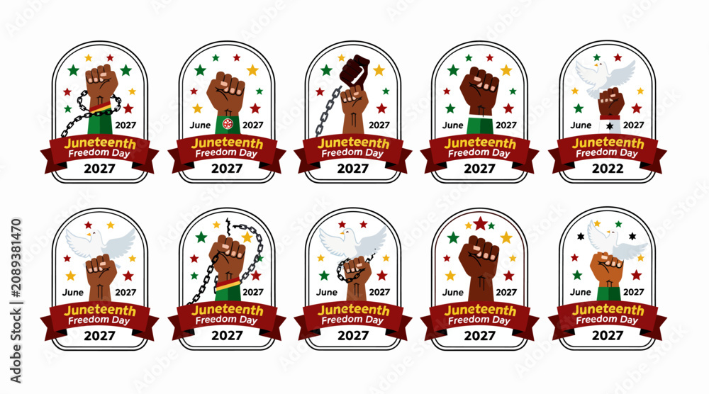 Fototapeta premium Juneteenth Emancipation Day Celebration Emblems with Fist, Chains, Dove