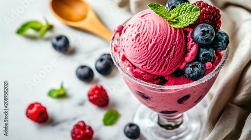 Pink ice cream sundae with blueberries, raspberries, and mint on a marble surface