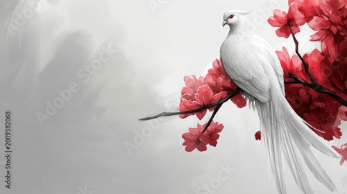 White bird perched on branch with pink blossoms, soft background
