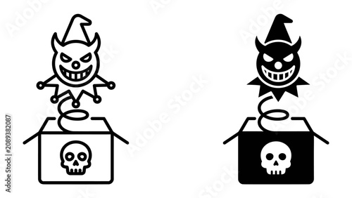 Fotografija Jack-in-the-Box Terror: Two sinister jack-in-the-box toys, one outlined and one solid black, reveal a grinning, devilish clown emerging from a box marked with a skull and crossbones