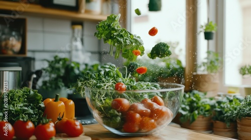 Fresh vegetables cascading into a glass bowl in a kitchen