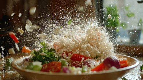 Chopped vegetables explode in a flurry of water droplets