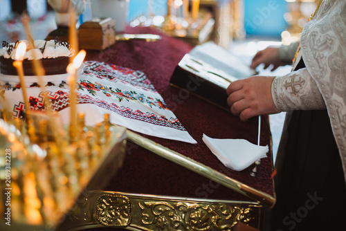 The table of a priest of an Orthodox church, close-up.