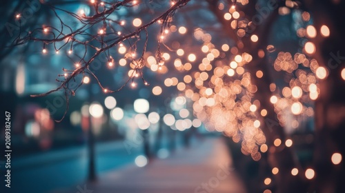 Festive city street at night, decorated with warm, bokeh lights on trees