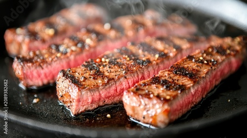 Slices of steak sizzling in a cast iron pan