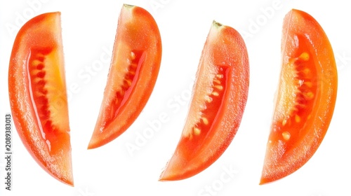 Four sliced tomatoes,  red and juicy, against a white background