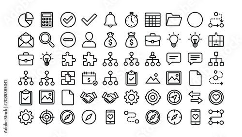 Collection of business workflow and management icons in minimalistic line style on transparent background for various uses  office productivity and communication tools