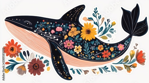 Whale adorned with colorful flowers