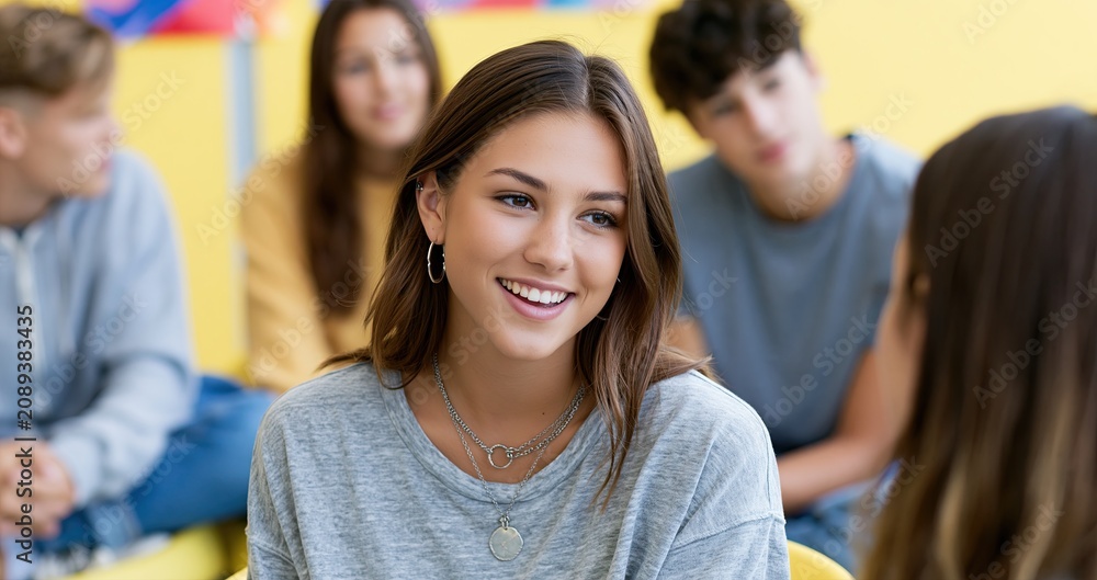 Obraz premium In a vibrant classroom, teenagers participate in a group counseling session promoting emotional support and peer connection.