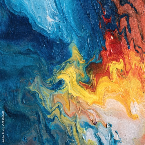 Abstract acrylic paint background showing swirls of blue yellow red and white in a dynamic close up view