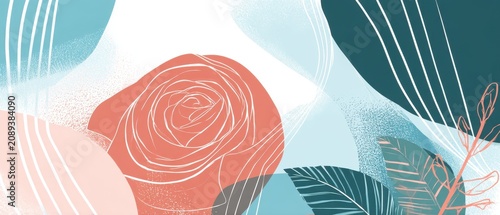 Abstract Floral Illustration with Rose and Leaves in Pastel Colors Artistic Graphic Design Background