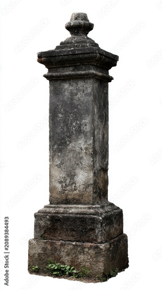 Obraz premium Weathered Stone Pillar Monument Isolated on White Background Architecture Detail Close Up Shot