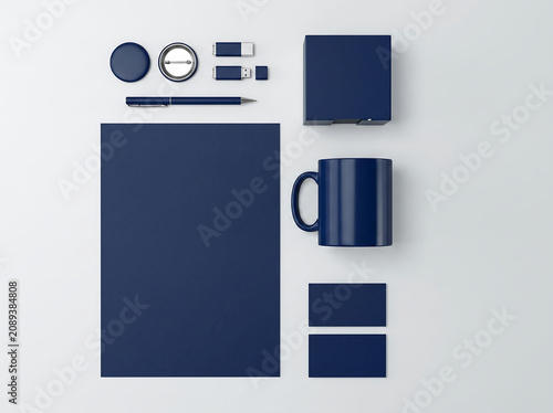 Blue Corporate Branding Identity Mockup with Mug Packaging USB Drive Business Cards and Stationery