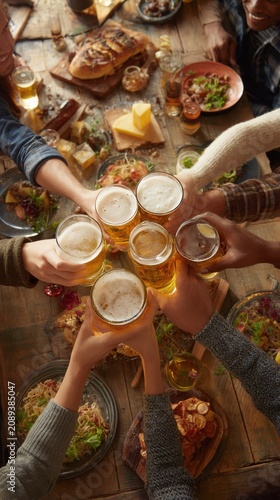 Overhead shot of friends toasting beers at rustic wooden table with food for celebration or gathering event