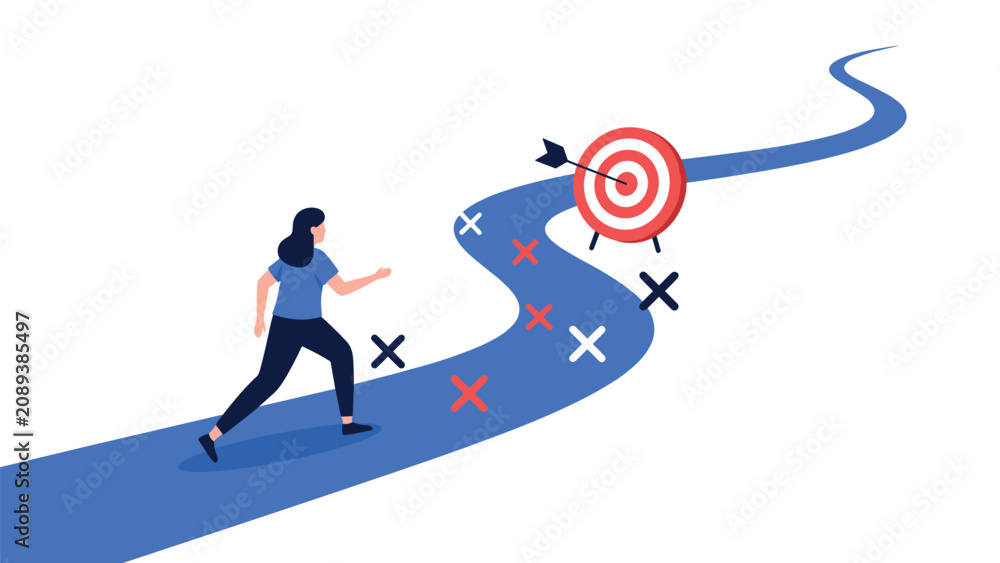 Fototapeta premium Determined professional woman running along a winding blue path towards a bullseye target representing business goals.