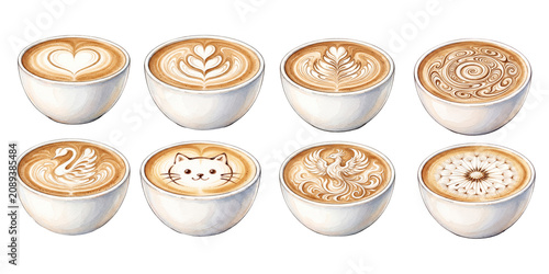 PNG cut out isolated background. A set of eight different latte art illustrations, including heart, leaf, swan, and cat designs, painted in a watercolor style, presented in white cups against a solid 